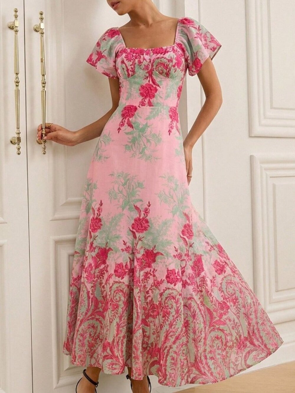 Pink Elegant Women's Floral Print maxi Dress